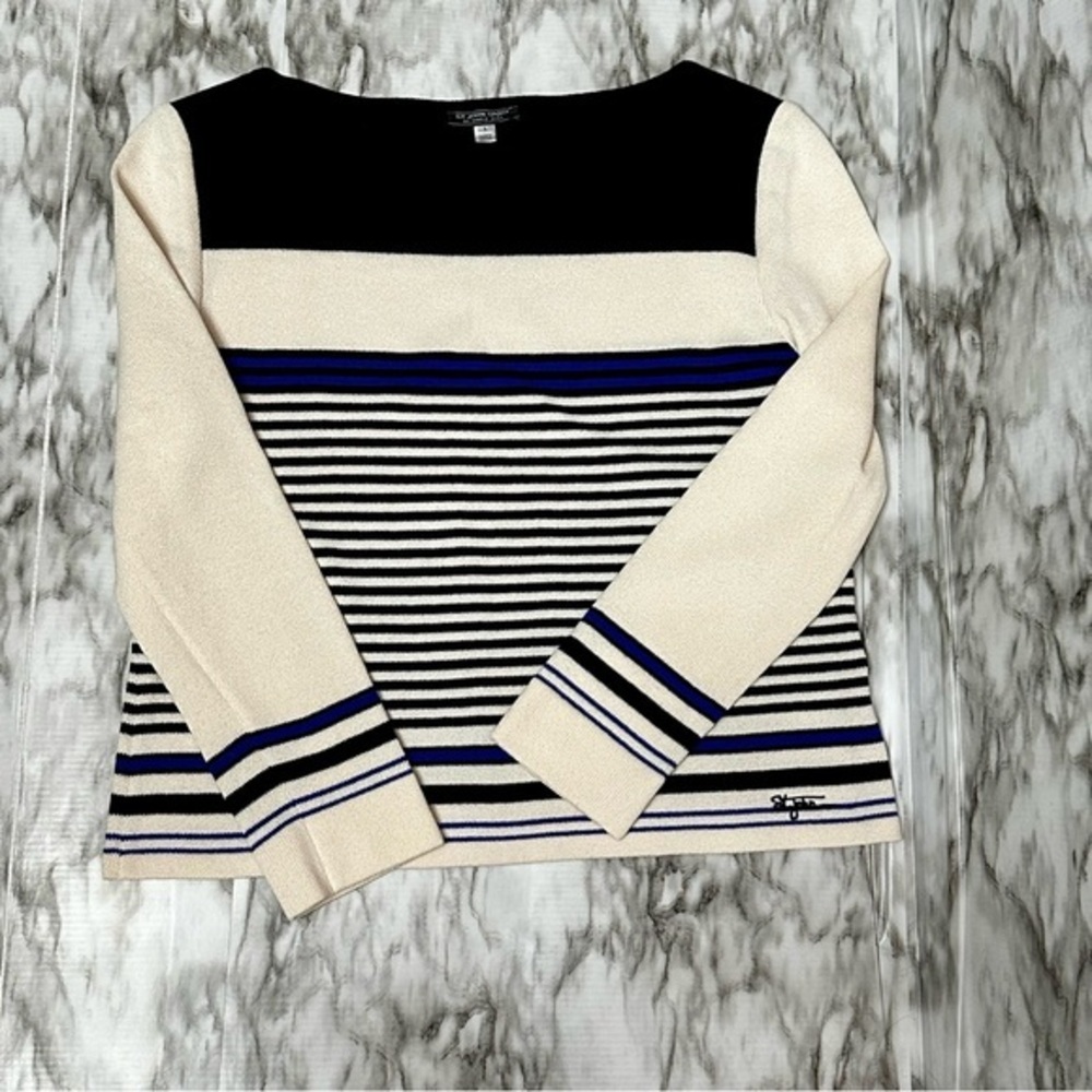 St John Sport Marie Gray Women’s Sz L Boatneck Striped Sweater Cream And Navy